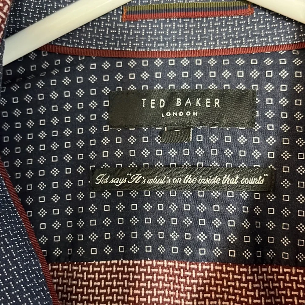 Mens Ted Baker London Long Sleeve Button Up Maroon and White Contrast Trim SZ 3 - Picture 5 of 11